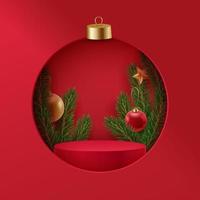 Navidad rojo podio con abeto árboles, Navidad pelotas y un estrella. festivo antecedentes con un realista escena y un agujero en el forma de un Navidad pelota vector