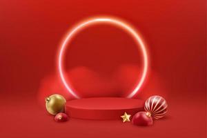 Christmas red podium with festive decorations. Christmas and New Year scene, podium for product display. Abstract mockup scene with glowing frame, smoke and christmas decor vector