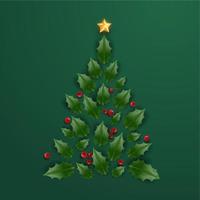Christmas Tree Made of holly berry leaves with star. Holiday background and festive decorations. New year poster vector