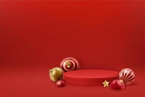 Christmas red podium with festive decorations. Christmas and new year 3D scene, podium for product display vector