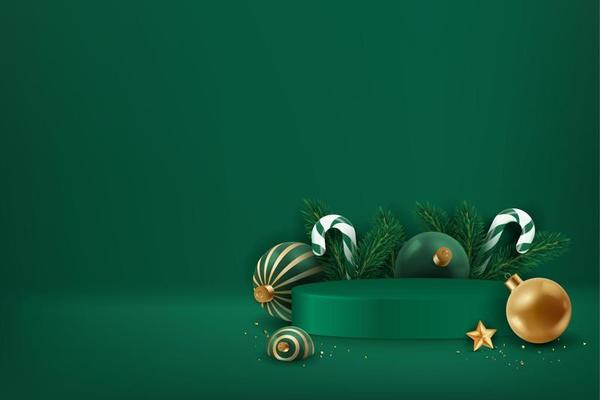 Christmas green podium with firs, candy canes, christmas balls, confetti and stars. Holiday background. Christmas and new year 3D scene, podium for product display