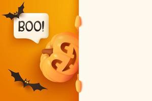 Halloween banner template with Jack O Lantern pumpkin, speech bubble and bats. Realistic pumpkin with scary smile on his face peeking out from behind a banner vector