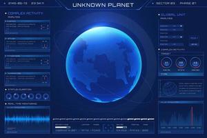 hud futurista extraterrestre planeta mundo mapa holograma exploración de un desconocido planeta. interactivo pantalla con digital interfaz vector