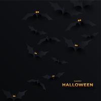 Black bats with glowing eyes on a black background. Halloween banner template. Flying flock of paper cut bats, Monochrome background vector