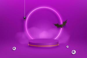 Violet Halloween background with bat, fog, spider and neon lights. Geometry shape platform. Realistic 3d design stage podium, round studio, neon lights vector