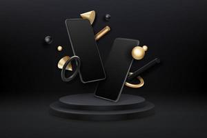 Two dark realistic smartphones with geometric figures on podium. 3d mobile phones and simply realistic objects. Modern cell phones template vector