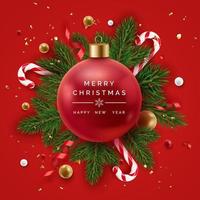 Realistic Christmas decor with pine branches, confetti, candy canes and christmas tree red ball in center. New year vector card on red background