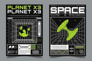 Two posters with HUD elements, perspective grid, futuristic design elements, chart, black hole and model of planet vector