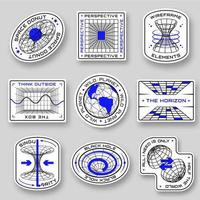 Sci Fi geometric stickers. Futuristic space shapes in different forms. Badges with wireframe 3D figures. Perspective grid, futuristic design elements, chart and black hole vector