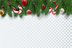 Border with Christmas tree branches, candy canes and balls isolated on white. Realistic looking Christmas tree branches and decor vector