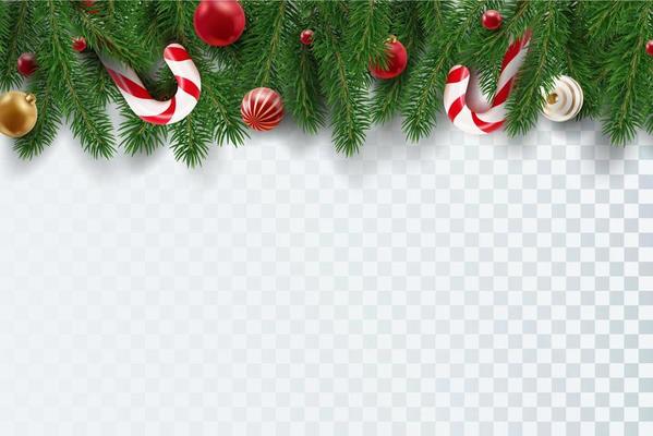 Border with Christmas tree branches, candy canes and balls isolated on white. Realistic looking Christmas tree branches and decor