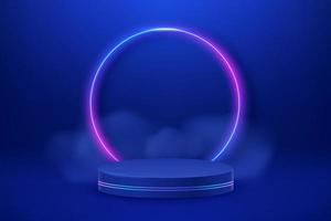 Empty podium with line gradient neon ring. Abstract scene with pink and blue neon glowing frame and smoke. Mockup scene vector