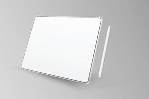 Empty tablet and pen on a light background. Device in perspective view. Tablet mockup from different angles. Illustration of device 3d screen vector