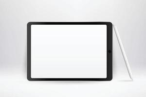 Realistic tablet mockup. 3d device with pen and blank white screen. Modern framed tablet template. Illustration of device 3d screen vector