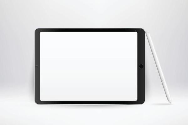 Realistic tablet mockup. 3d device with pen and blank white screen. Modern framed tablet template. Illustration of device 3d screen