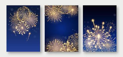 Three posters with fireworks bursting in various shapes. Firework explosion in night. Firecracker rockets bursting in sparkling star balls vector