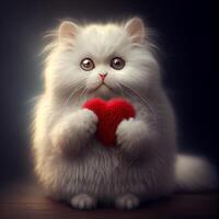 Cute Fluffy Cat with Knitted Heart. photo