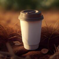 Coffee to go on a background with green plants. Illustration photo