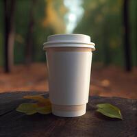 Coffee to go on a background with green plants. Illustration photo