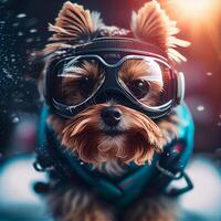 Cool Dog in ski goggles rides a snowboard. Illustration photo