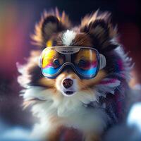 Cool Dog in ski goggles rides a snowboard. Illustration photo