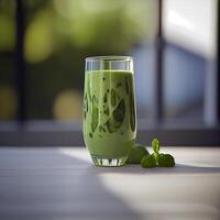 Glass of greenery smoothie in white floor. Illustration photo