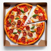 Pizza con pepperoni en un caja. ilustración generativo ai foto