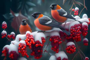 bullfinches in snow winter forest. Illustration photo