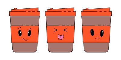 Coffee paper cup emoticons set with different faces and expressions. vector