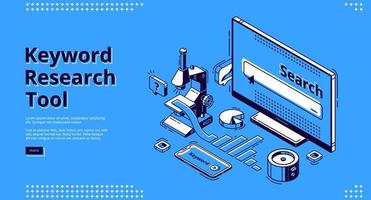 Keyword research tool isometric landing page. vector