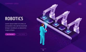 Factory conveyor belt landing page. Robotics arms. vector