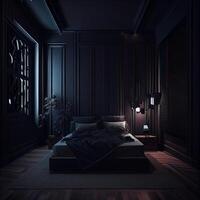 Dark Blue Minimalist Modern Interior Bedroom Design. photo