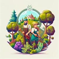 joven Pareja jardinería en jardín dibujos animados. ilustración generativo ai foto