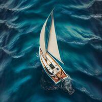 Ocean birds eye view small sailboat floats. Illustration photo