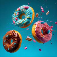 Glazed sweet realistic donut on blue background photo