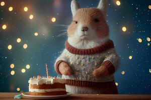 Portrait of woodland animal Bear with fluffy fur with cake. Illustration photo