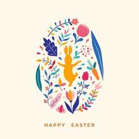 Easter bunny with flower decorations. Happy Easter banner. Minimalist style design with hand drawn elements vector