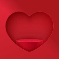 Red podium with heart shaped frame. Mockup vector scene of geometry shape platform. Festive background with a scene and a hole in the shape of a heart