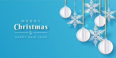 Christmas paper cut 3d snowflakes and balls with shadow on blue background. Minimal design. New year and Christmas card, poster or banner vector