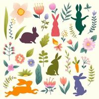 Easter hand drawn cartoon set. Cute characters and design elements. Easter elements with spring flowers and bunny in pastel colors vector