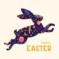 Silhouette of jumping Easter bunny with flower decorations. Happy Easter. Minimalist style design with hand drawn elements vector