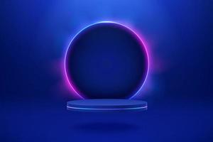 Empty podium with line gradient neon ring. Sci-fi abstract scene with pink and blue neon glowing frame and dark portal. Mockup scene vector