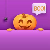 Halloween banner template with Jack O Lantern pumpkin, speech bubble and spider. Realistic pumpkin with scary smile on his face peeking out from behind a banner vector