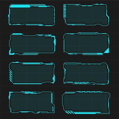 Futuristic HUD frames. User interface elements, border aim control panel. High tech screen digital hologram window, sci-fi empty banners for text