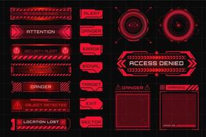 Set of warning, attention and alert red symbols. HUD caution and danger frames. Game UI with warning boxes for system damage error vector