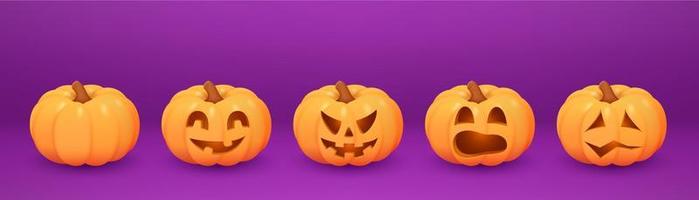 Realistic orange pumpkins. Pumpkin carved faces with eyes and mouth. Funny and scary halloween characters vector