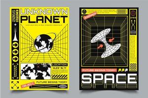 Two posters with HUD elements, perspective grid, futuristic design elements, chart, black hole and model of planet vector