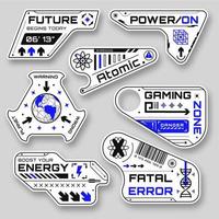 ciencia fi geométrico pegatinas futurista formas en diferente formularios insignias en cyberpunk estilo con gracioso inscripciones moderno hud elementos vector