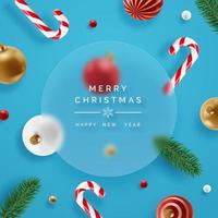 Realistic Christmas decor with pine branches, candy canes, christmas balls. Christmas concept with glassmorphism effect. New year vector card on red background