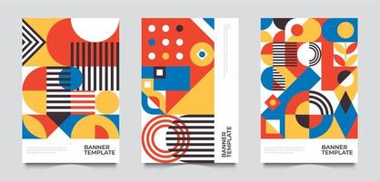 Bauhaus inspired posters with square figures and text. Minimal modern abstract brochures. Abstract retro posters with basic figures templates vector